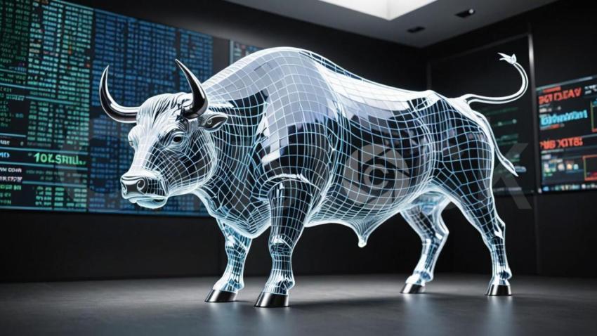 A Bull In Front Of A Wall Of Stock